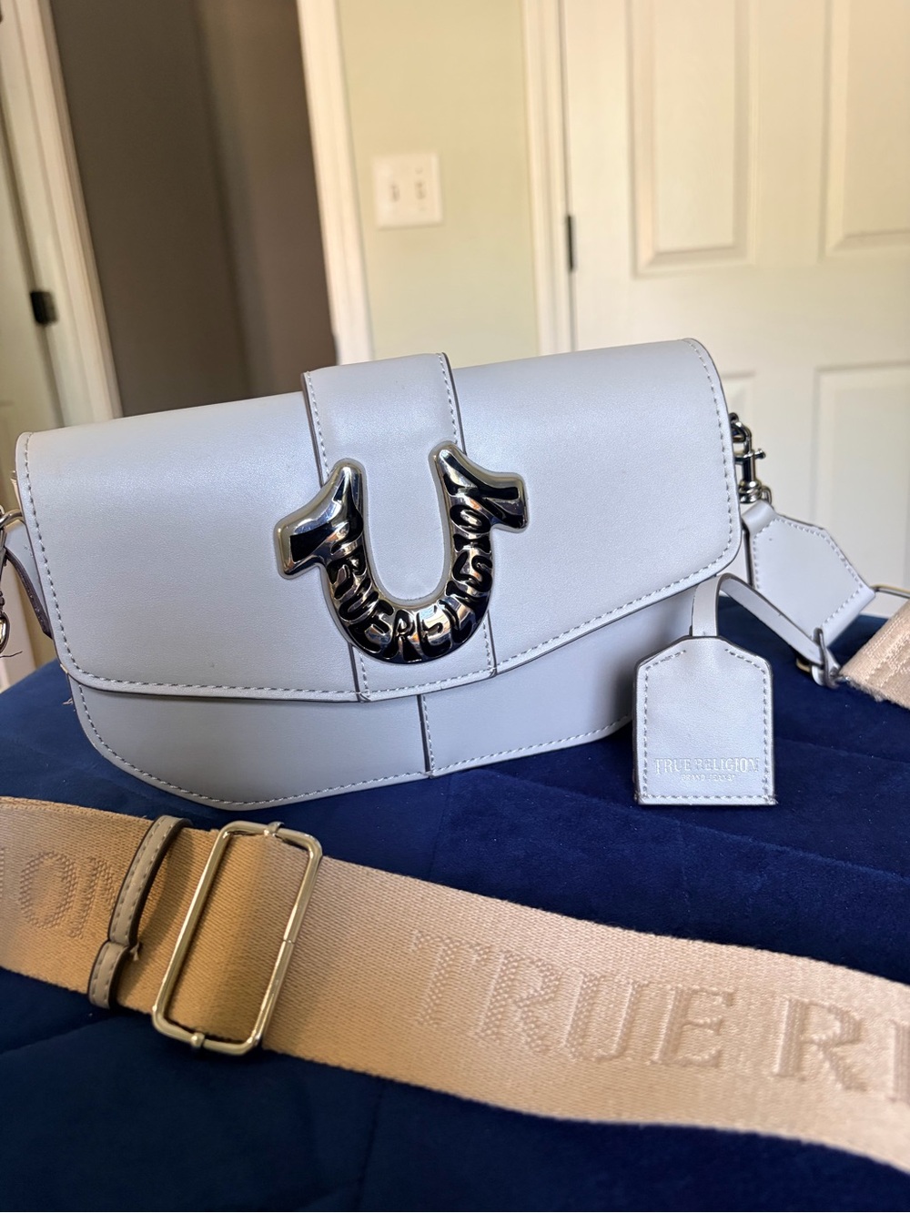 True Religion Light Gray Crossbody Bag with Silver Hardware and Beige Strap
